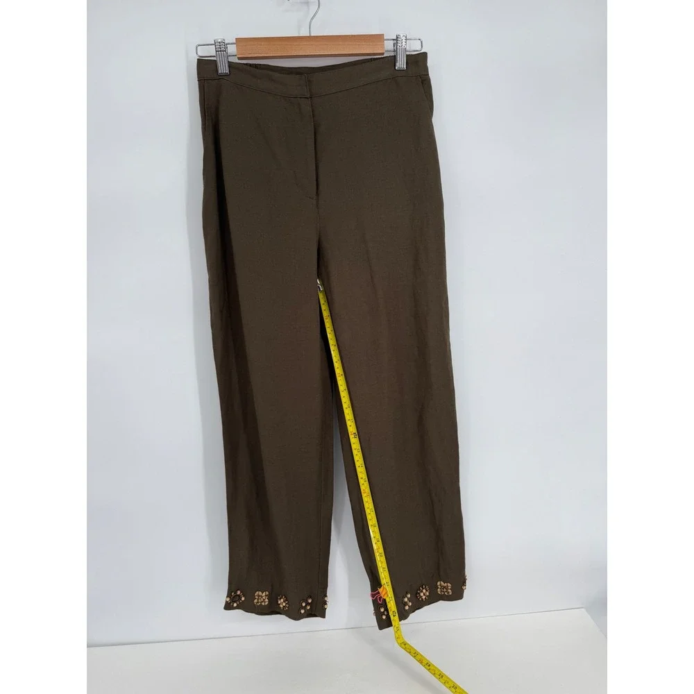 Ruby Rd Womens Sz 8 Linen Blend Pants Olive Brown Beaded Floral Hem Straight Leg